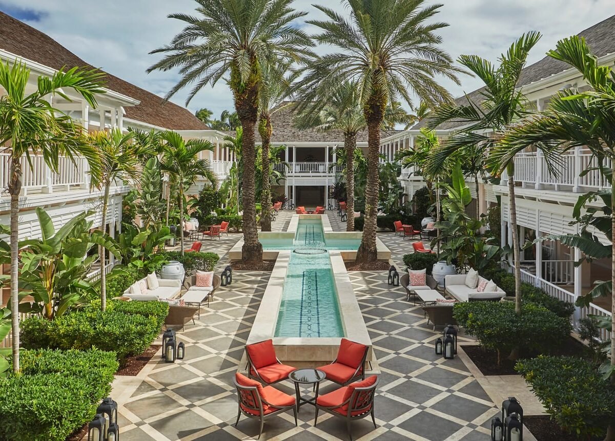 Tropical courtyard with reflecting pool at The Ocean Club, A Four Seasons Resort, Bahamas
