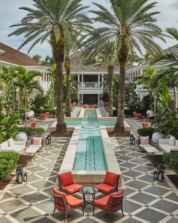 Tropical courtyard with reflecting pool at The Ocean Club, A Four Seasons Resort, Bahamas