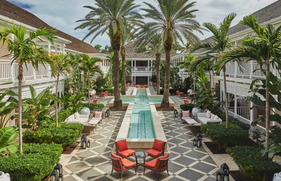 Tropical courtyard with reflecting pool at The Ocean Club, A Four Seasons Resort, Bahamas