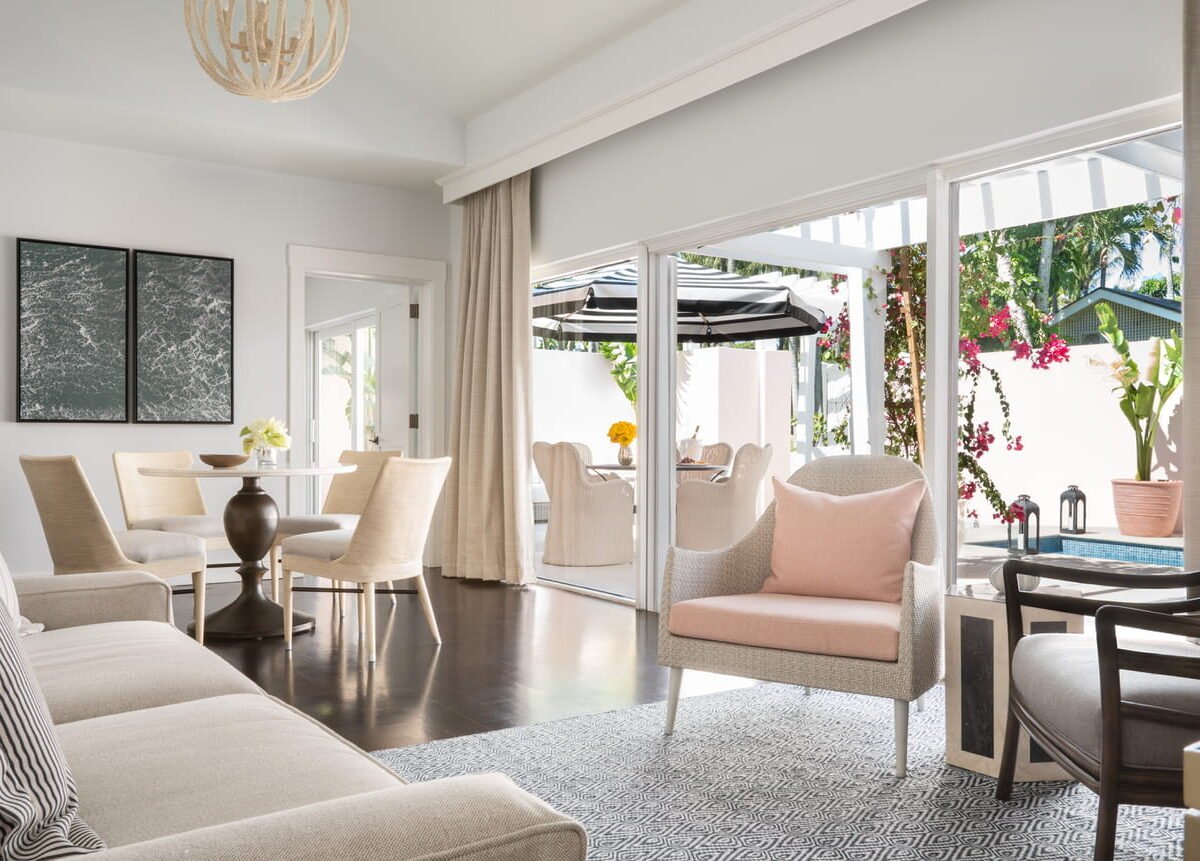 Luxury villa living room with private pool at The Ocean Club, A Four Seasons Resort, Bahamas