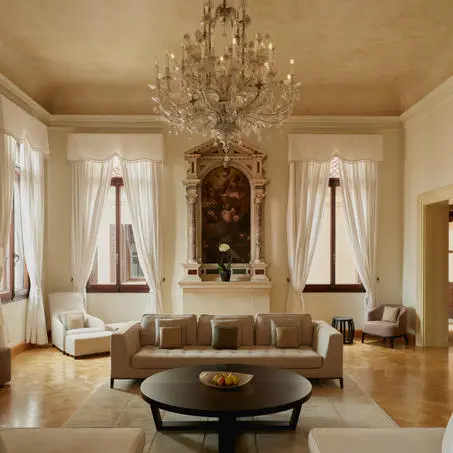Luxury living room in Coccina's Apartment at Aman Venice hotel in Venice, Italy