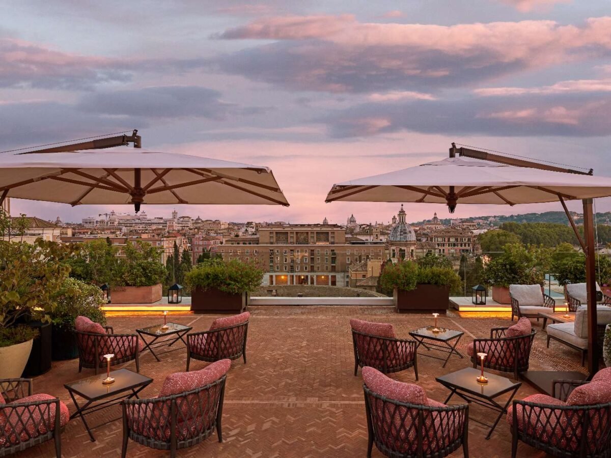 Rooftop terrace with panoramic Rome skyline views at Bulgari Hotel Roma