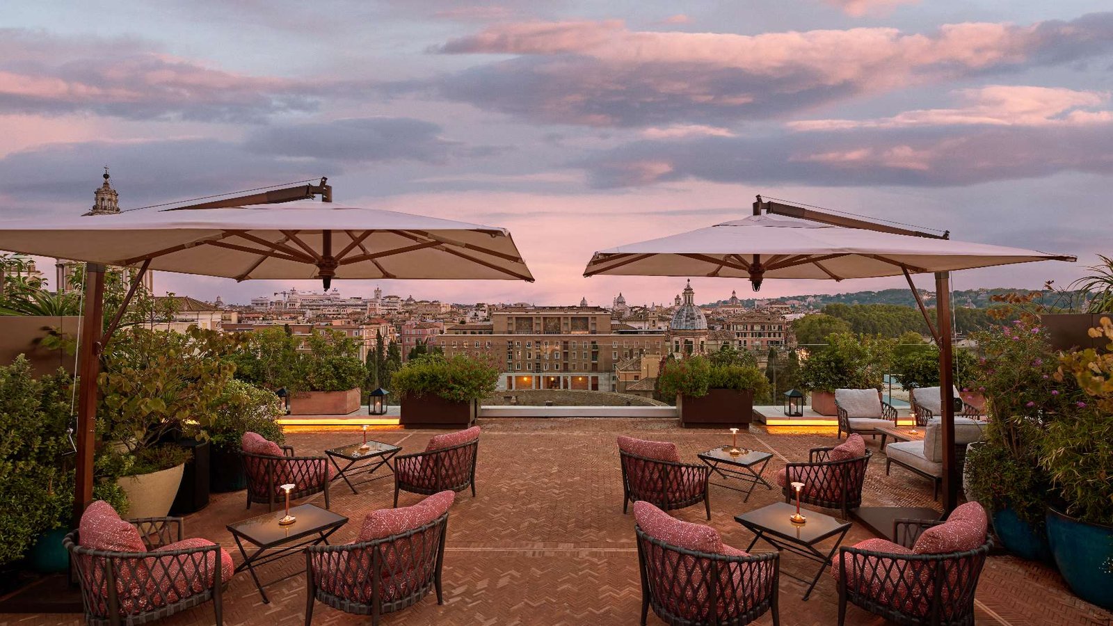 Rooftop terrace with panoramic Rome skyline views at Bulgari Hotel Roma