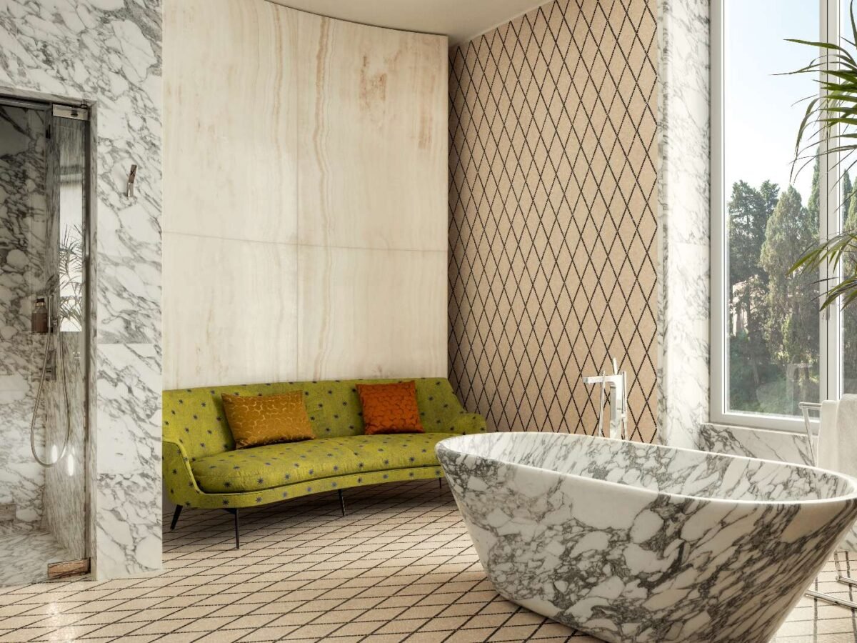 Luxury marble bathroom with freestanding bathtub at Bulgari Hotel Roma