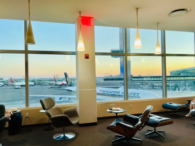 Virgin Atlantic Clubhouse lounge at JFK Airport with runway views