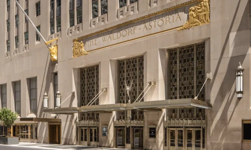Main entrance of the Waldorf Astoria New York luxury hotel