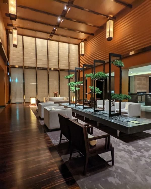 Double-height lounge with timber screens, lanterns and bonsai