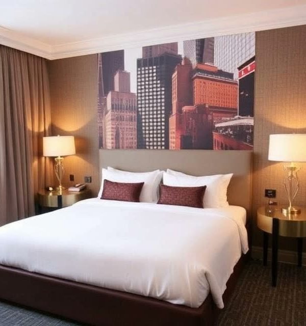 Guest room with a Midtown photographic mural behind the bed at the Dylan Hotel New York