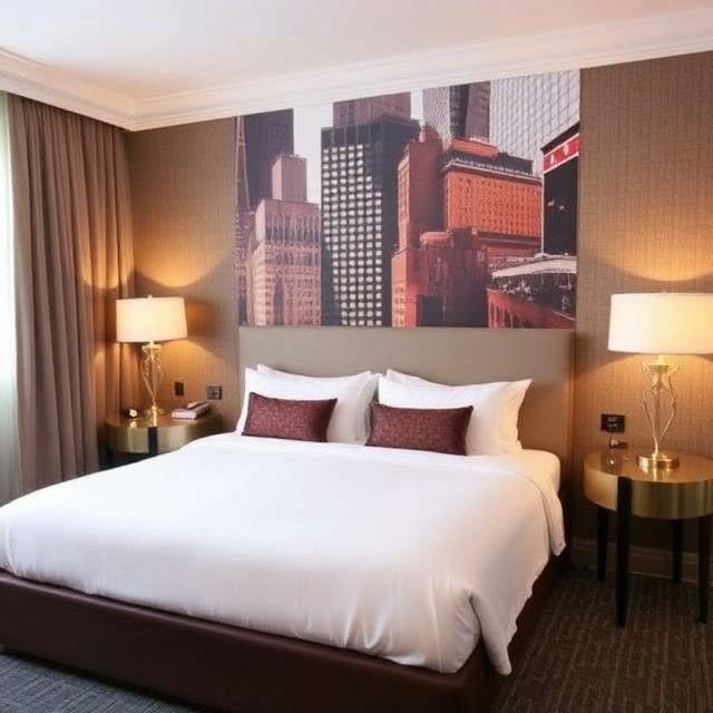 Guest room with a Midtown photographic mural behind the bed at the Dylan Hotel New York