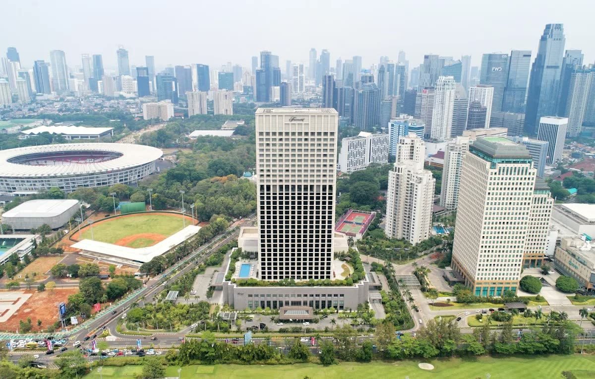 View over the Senayan stadium district and Jakarta skyline from Fairmont Jakarta