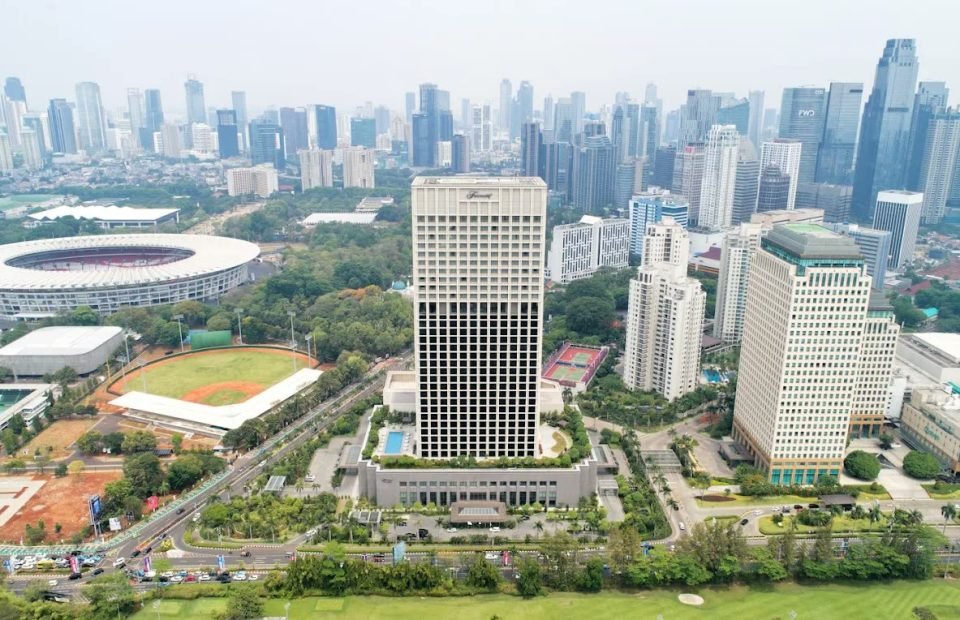 View over the Senayan stadium district and Jakarta skyline from Fairmont Jakarta
