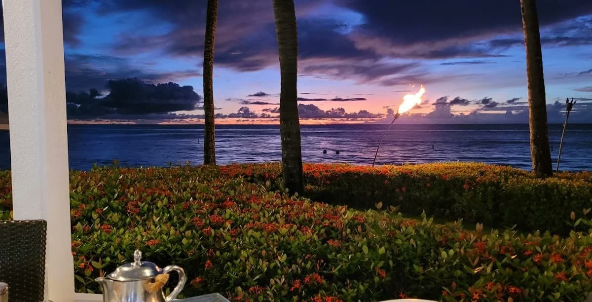 Sunset over the Caribbean Sea framed by palms from a terrace at Fairmont Royal Pavilion, Barbados