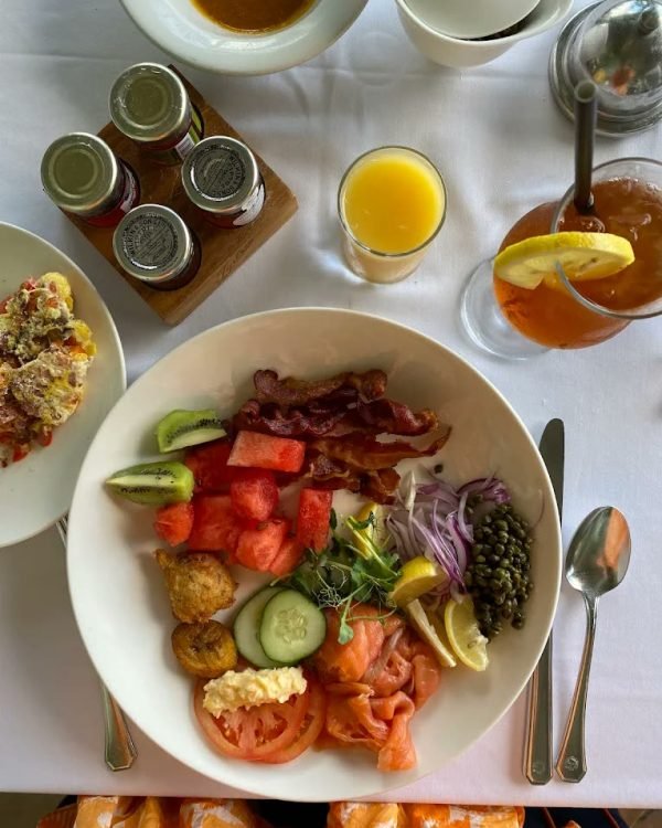 Breakfast spread with juices and fruit at Fairmont Royal Pavilion