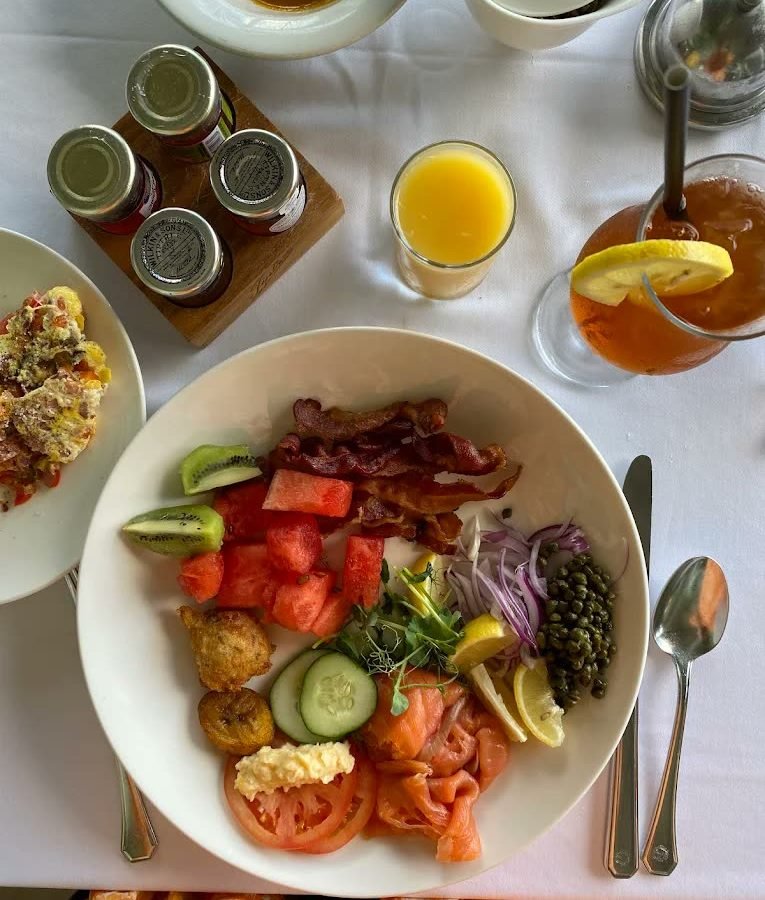 Breakfast spread with juices and fruit at Fairmont Royal Pavilion