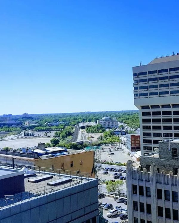 View over downtown Winnipeg rooftops from Fairmont Winnipeg