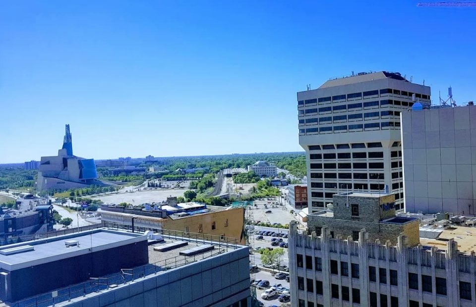 View over downtown Winnipeg rooftops from Fairmont Winnipeg