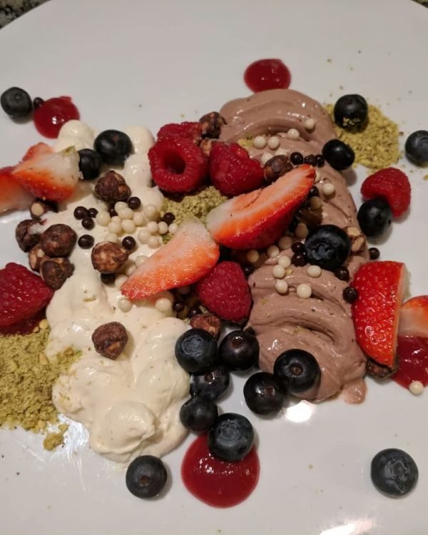 Berries and chocolate dessert plate at Fairmont Winnipeg