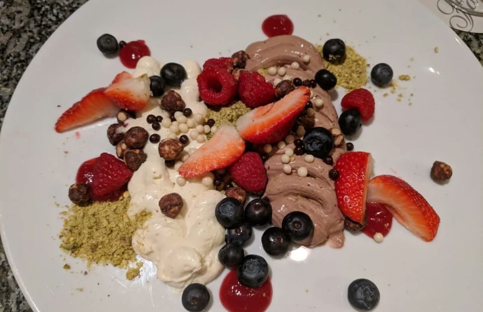 Berries and chocolate dessert plate at Fairmont Winnipeg