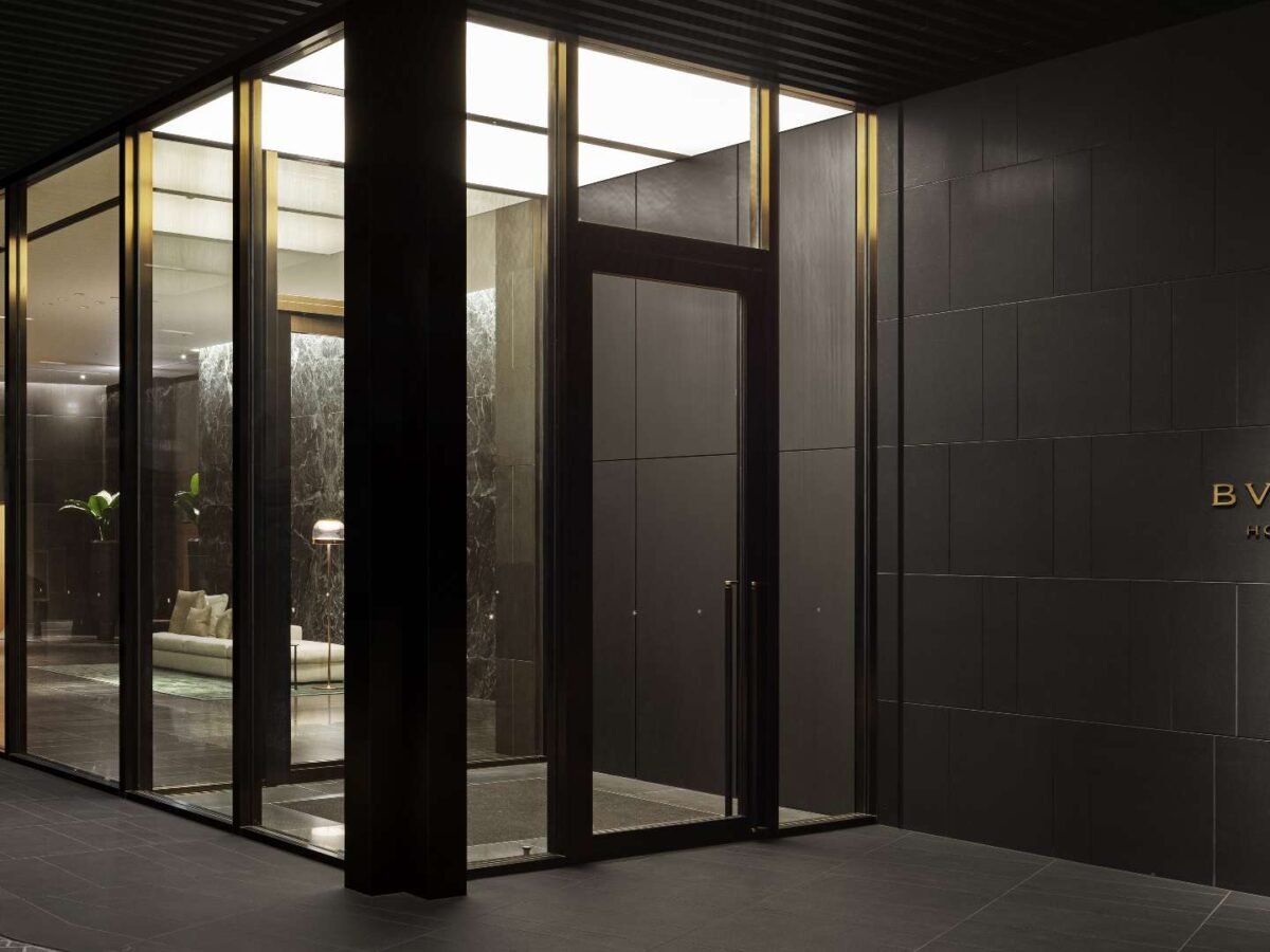 Entrance to Bulgari Hotel Tokyo featuring a modern luxury lobby