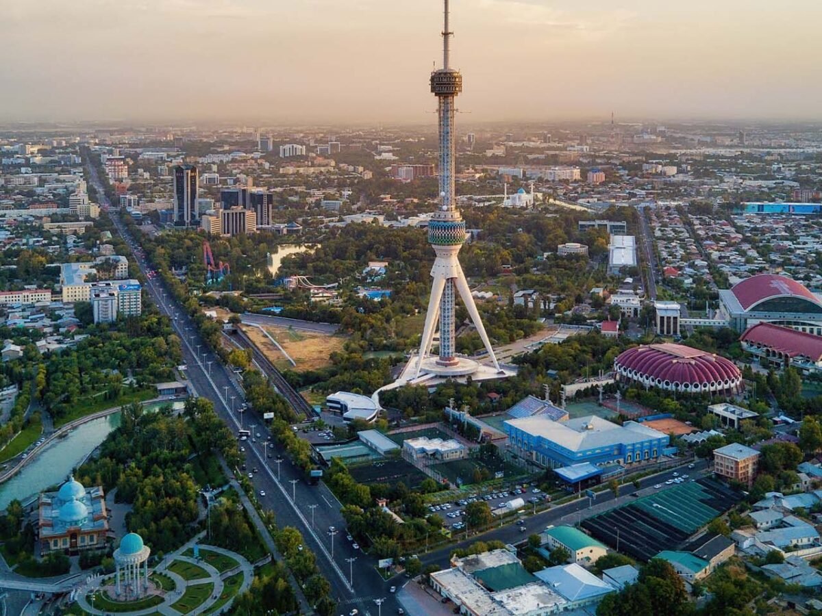 Aerial view of Tashkent city skyline featuring Tashkent TV Tower in Uzbekistan