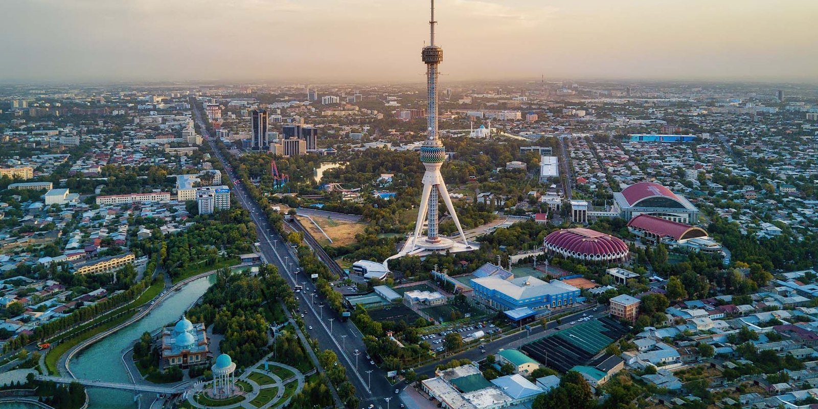 Aerial view of Tashkent city skyline featuring Tashkent TV Tower in Uzbekistan