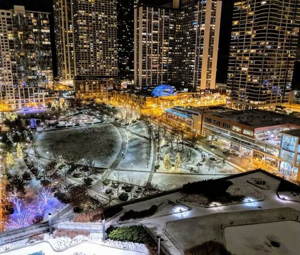 Night view over Lakeshore East park and towers from Radisson Blu Aqua Hotel Chicago