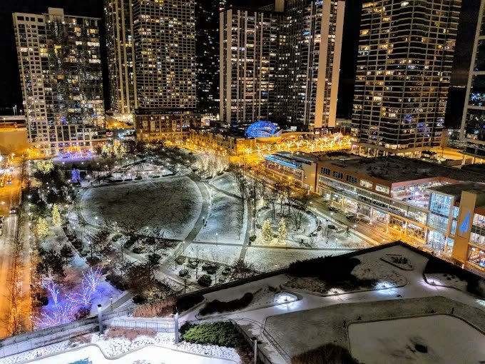 Night view over Lakeshore East park and towers from Radisson Blu Aqua Hotel Chicago
