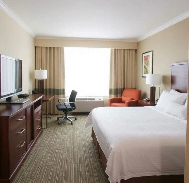 Guest room with armchair and city window at Radisson Hotel Cedar Rapids