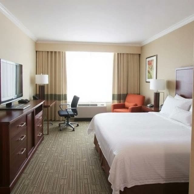 Guest room with armchair and city window at Radisson Hotel Cedar Rapids