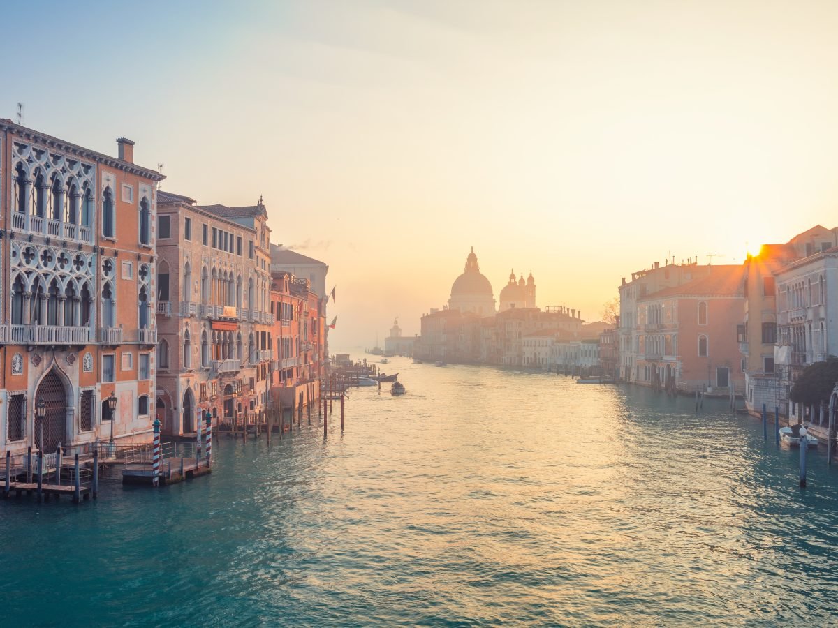Sunrise view down the Grand Canal toward the Salute in Venice
