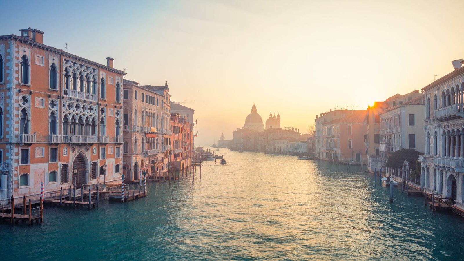 Sunrise view down the Grand Canal toward the Salute in Venice