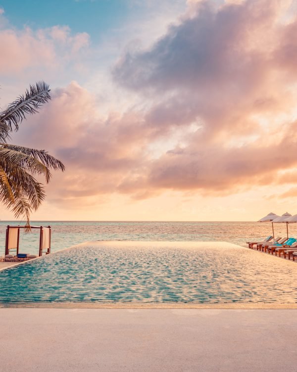 Beachfront infinity pool with palms and loungers at sunset