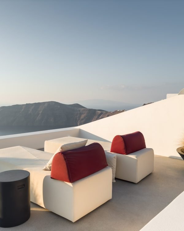 Soft-haze white terrace architecture on a Greek island