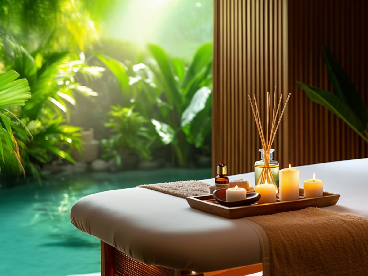 Luxury spa massage room beside a pool in soft dawn light