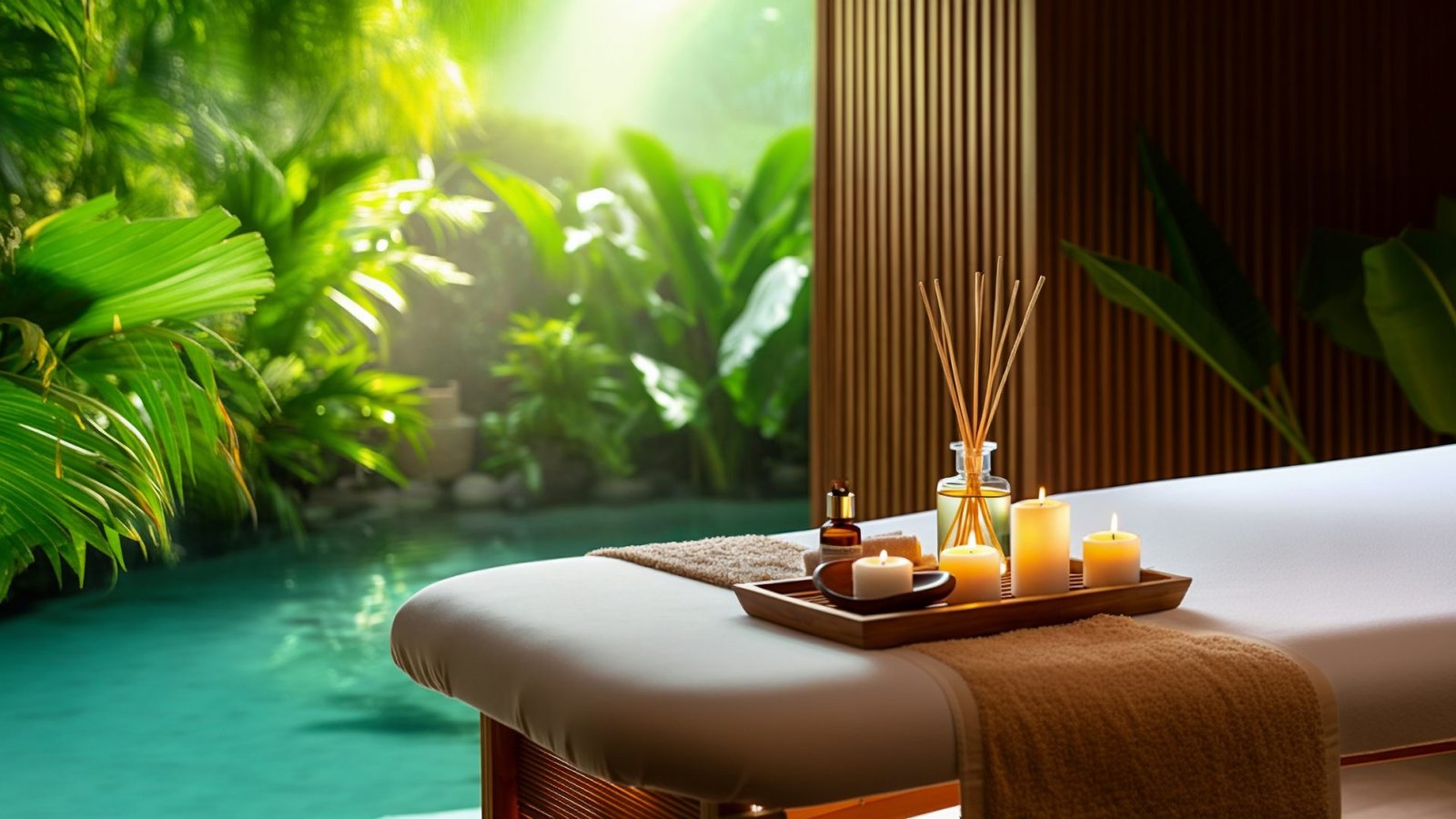 Luxury spa massage room beside a pool in soft dawn light