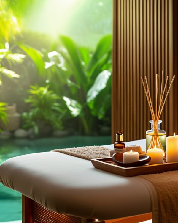 Luxury spa massage room beside a pool in soft dawn light