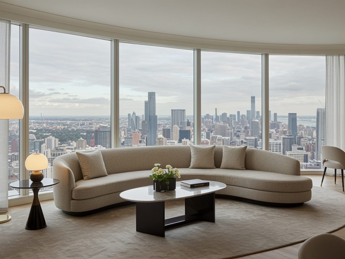 Wide penthouse living room with a curved sofa and floor-to-ceiling skyline
