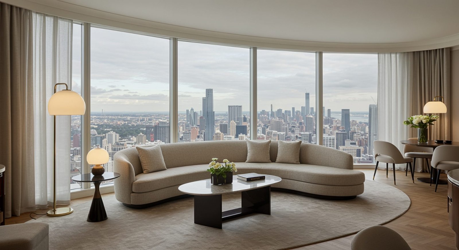 Wide penthouse living room with a curved sofa and floor-to-ceiling skyline