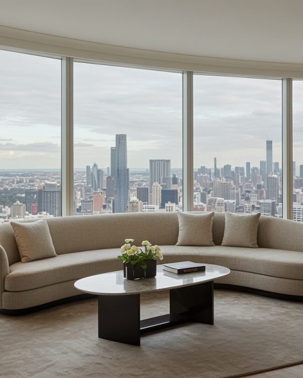 Wide penthouse living room with a curved sofa and floor-to-ceiling skyline