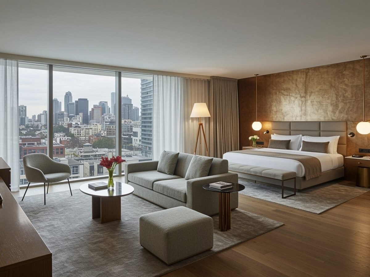 Elegant hotel suite living room with a warm lamp-lit evening skyline