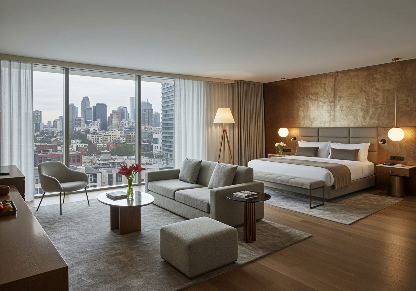 Elegant hotel suite living room with a warm lamp-lit evening skyline