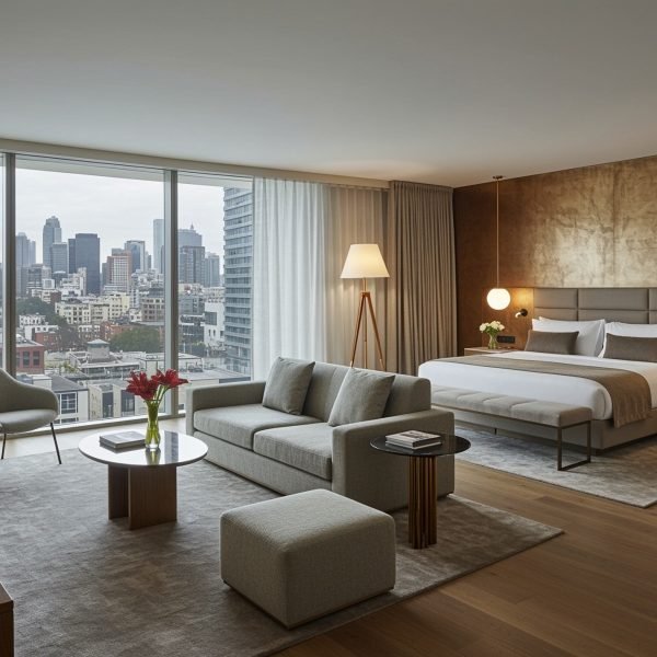 Elegant hotel suite living room with a warm lamp-lit evening skyline