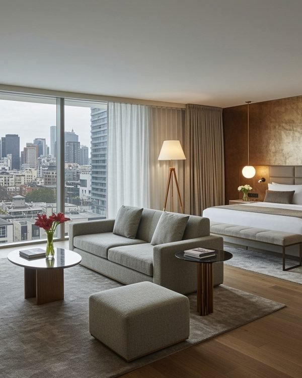 Elegant hotel suite living room with a warm lamp-lit evening skyline