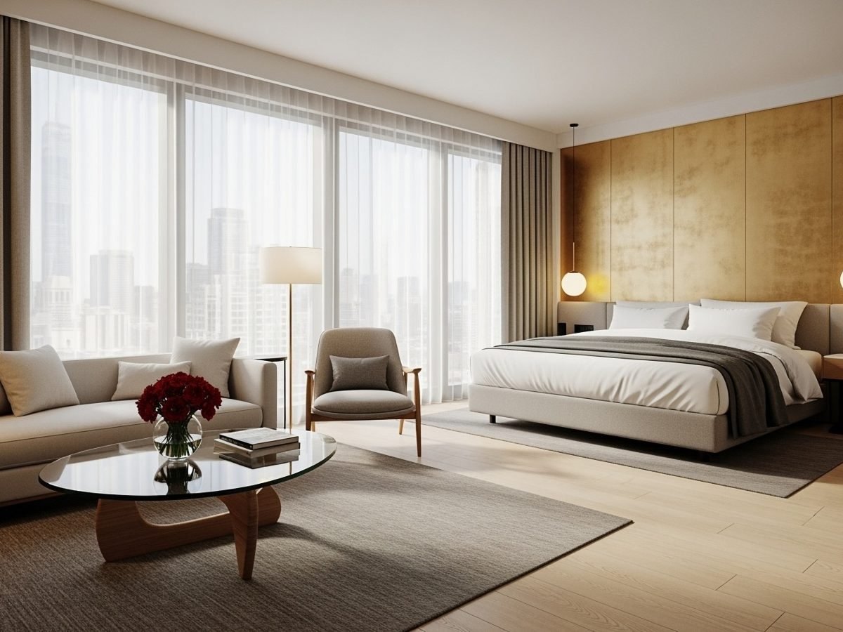 Neutral hotel suite lounge in soft daylight