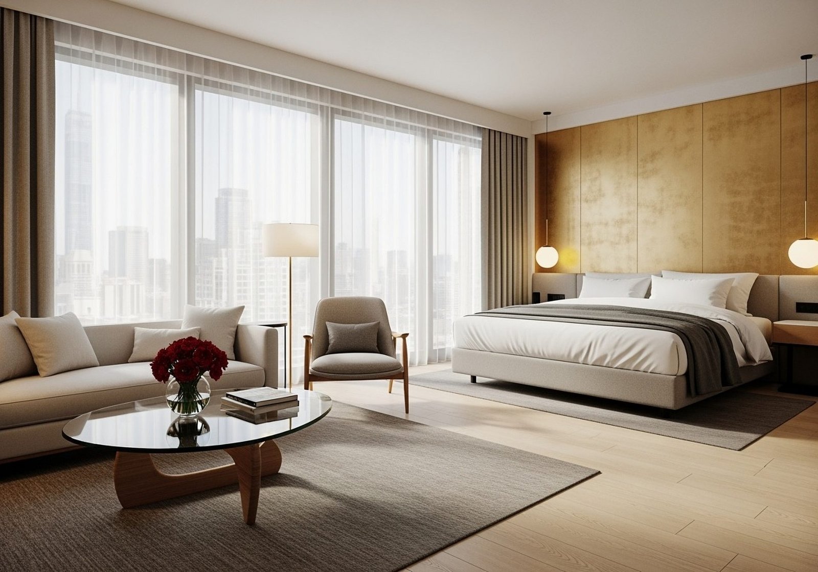 Neutral hotel suite lounge in soft daylight