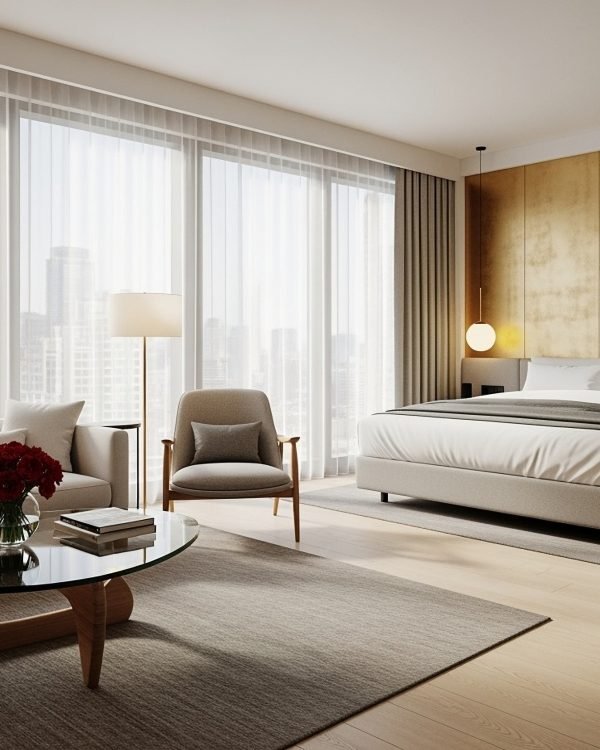 Neutral hotel suite lounge in soft daylight