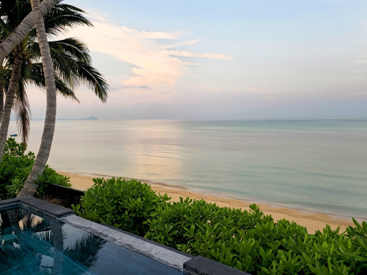 Clifftop plunge pool overlooking a pastel sea