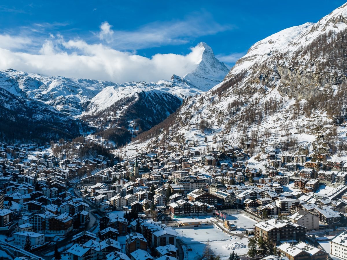 Aerial view of the Zermatt valley village in winter