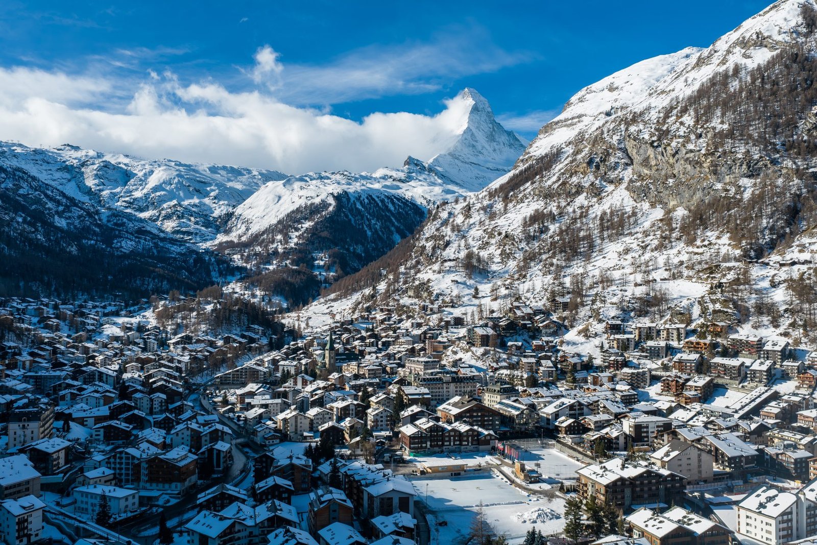 Aerial view of the Zermatt valley village in winter