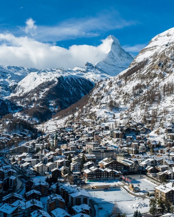 Aerial view of the Zermatt valley village in winter